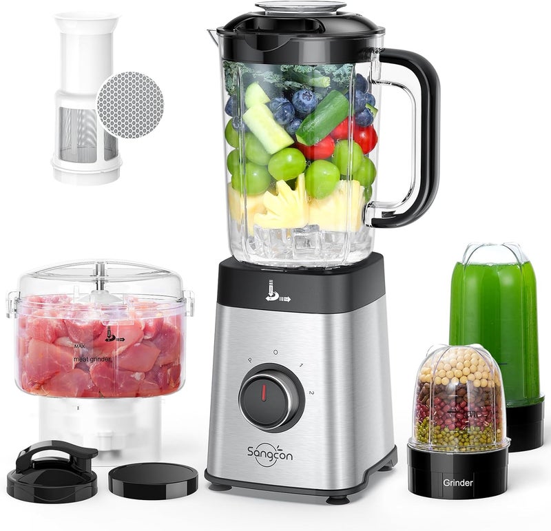 sangcon Blenders and Food Processor Combo for Kitchen, 5 in 1 Blender for Shakes and Smoothies, Meat Chopped, Grinding & more, 40 oz Jar & 17oz Cup with To-Go Lid, Stainless Steel Silver - Image 1